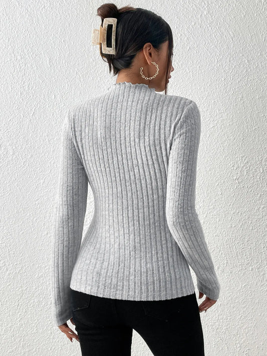 Modisches, schmales, langärmliges Strickoberteil mit Rüschenhalsausschnitt, gestreiftes Unterhemd für Damen mit mittlerem Kragen aus Spitze, lässiger Herbst- und Winterpullover