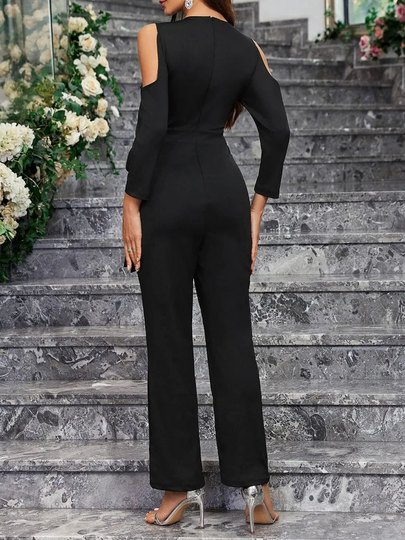 2025 Elegant Spring Summer Women Corset Jumpsuit Overalls Sexy Long Sleeve V Neck Sequins Straight Trousers Romper Onepieces.