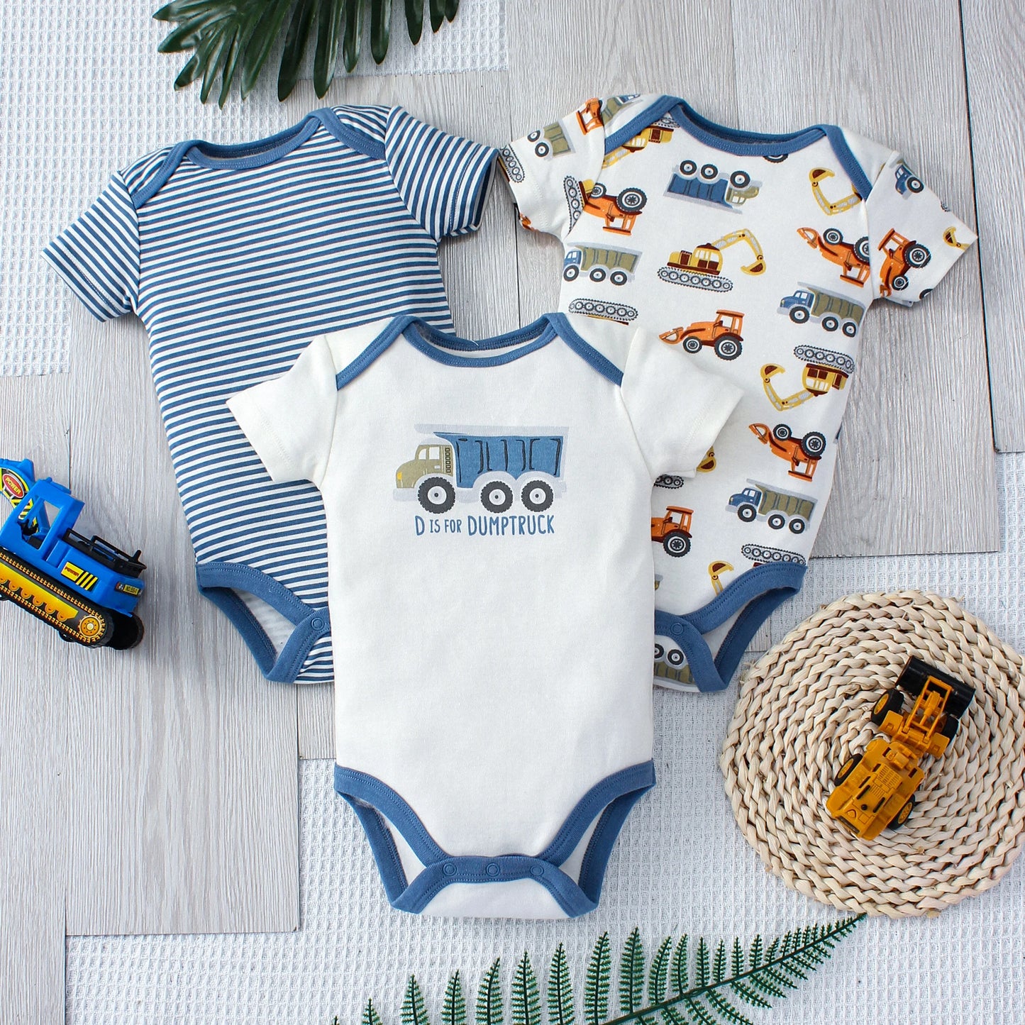 3PCS Sommer Jungen Baby Body Drei stück Set Cartoon Lkw und Streifen Muster Kurzarm Taste Design Dreieck body