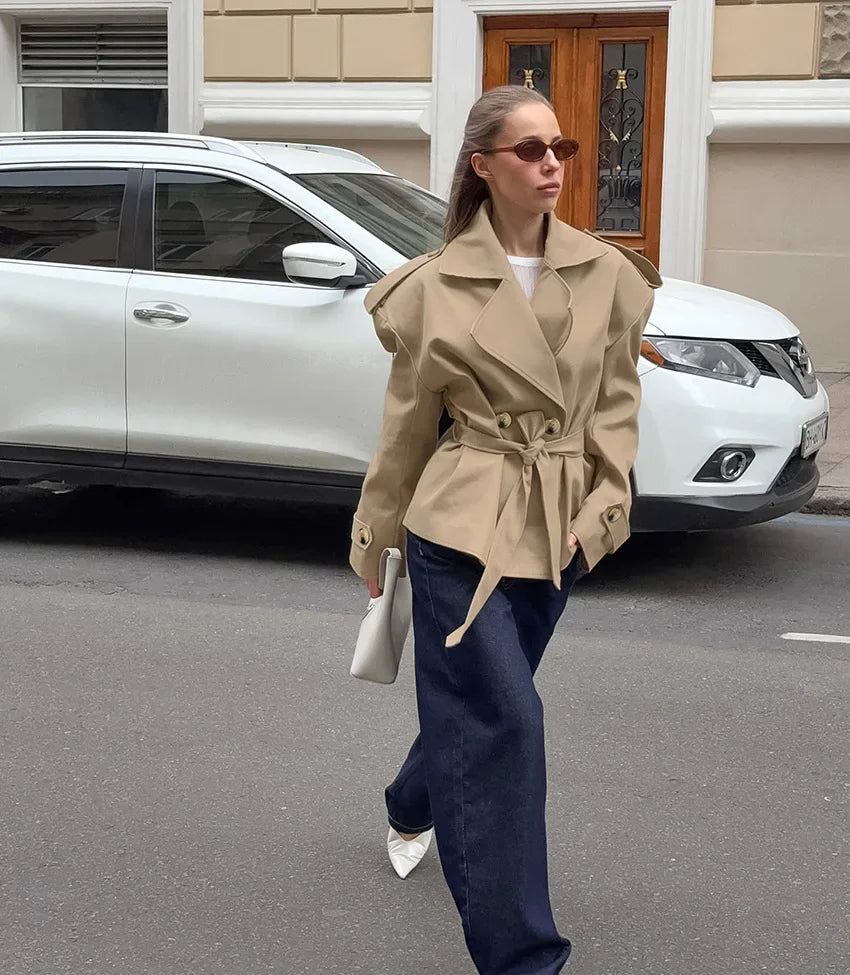 2025 Women Fall Lace-up Cropped Trench Coat Fashion Lapel Long Sleeves Wide Shoulder Windbreaker Jacket Commuting Daily Jackets