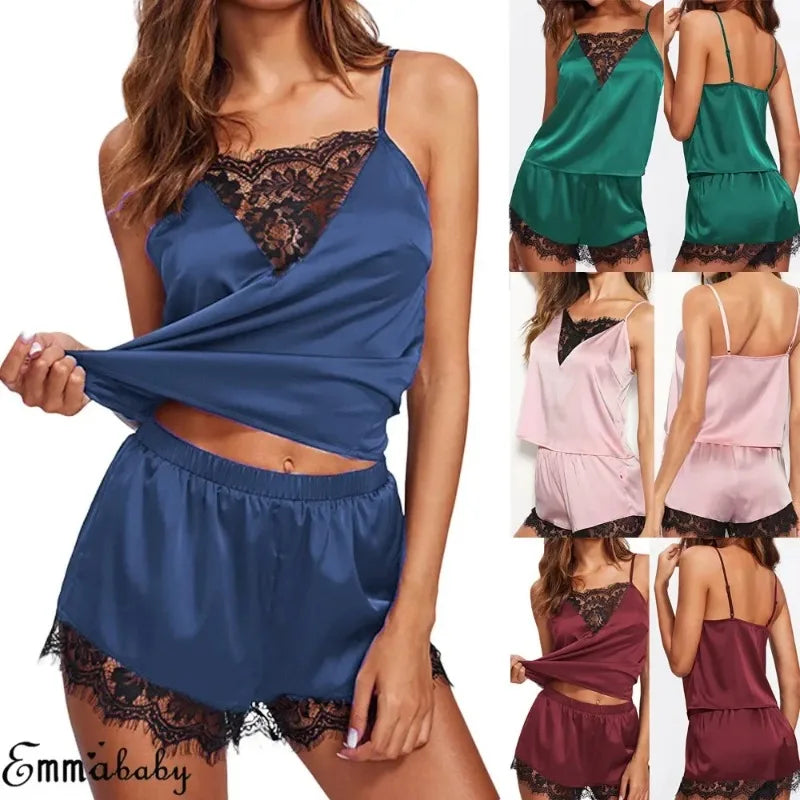 Frauen Eis Seide Pyjama Nachtwäsche Pyjama Set Nachthemden Nachthemd Leibchen Shorts schwarz rot l xl Spitze lässig sexy glatt 파자