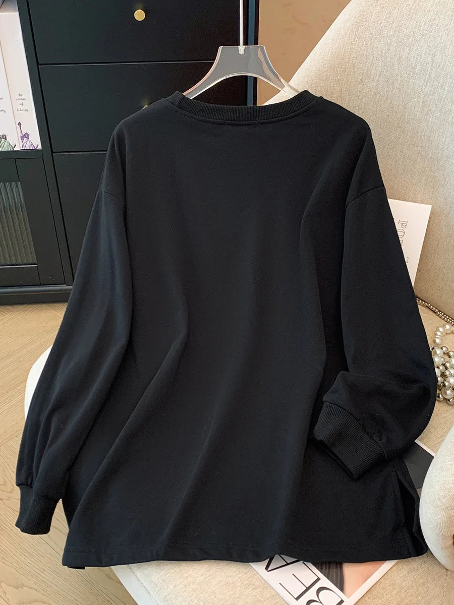 150 kg Übergröße Damen Büste 155 Frühling Herbst Lose Sweatshirt mit hellem Diamantherz Schwarz 5XL 6XL 7XL 8XL 9XL