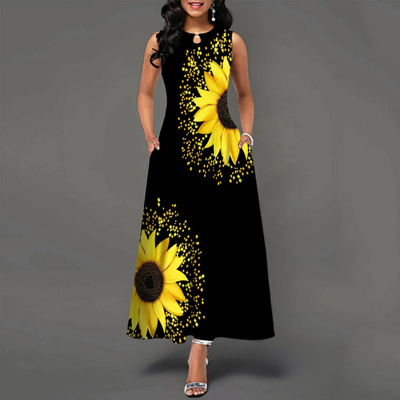 Blumendruck Neues lässiges ärmelloses langes Kleid Damen V-Ausschnitt bedrucktes Kleid Swing Bohemian Retro Kleider