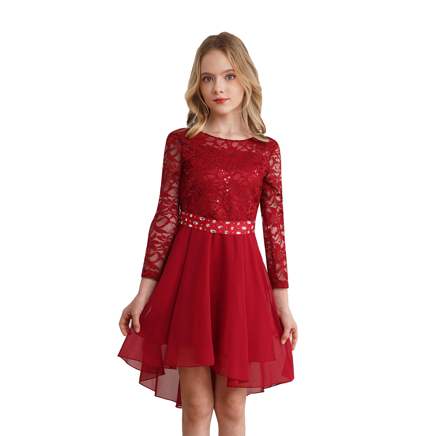 Elegantes Spitzen-Partykleid für Kinder, Mädchen, Chiffon, Spleißen, langärmelig, Kleid mit hohem und niedrigem Saum und Strass-Schärpe für Hochzeit, Geburtstag