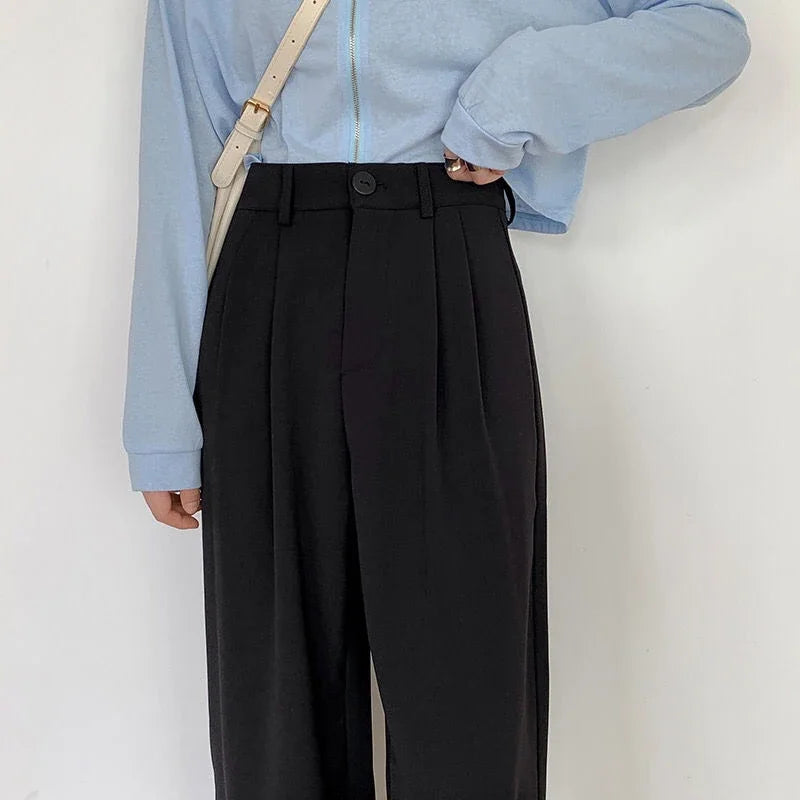 Hohe Taille Frauen Anzug Hosen fallen gerade Büro Damen koreanische Mode Hosen lässig Knopf lose weibliche schwarze Hosen neue 2024