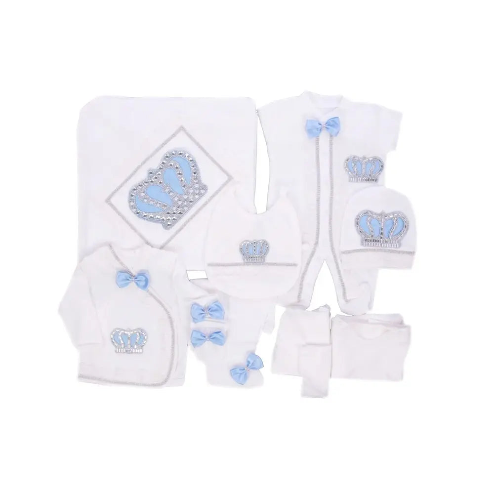 10-teiliges blaues 100 % Baumwollgewebe, gestrickt, Großhandel, individuell gestaltet, Neugeborene, neues Design, Winterkleidung, Kleidung, Luxus-Baby-Strampler-Set