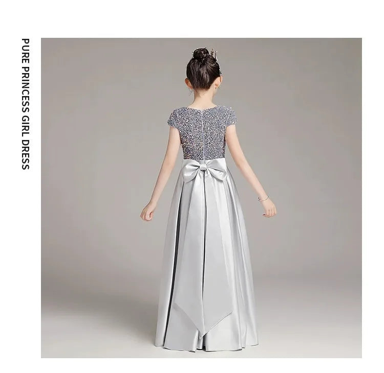 Mädchen-Klavierkleid, graues Pailletten-langes Performance-Kleid, Prinzessinnenkleid, Kinder-Host-Show-Performance-Kleid, Sommer