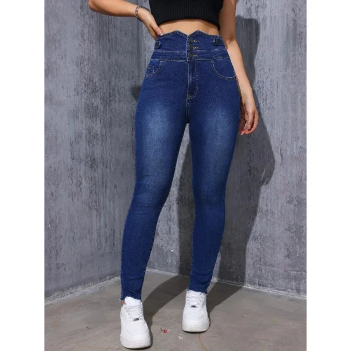 High Waist Elastic Denim Pants Slim Fit Women's Ankle Length Jeans Decorative Button Casual Fashionable Trousers