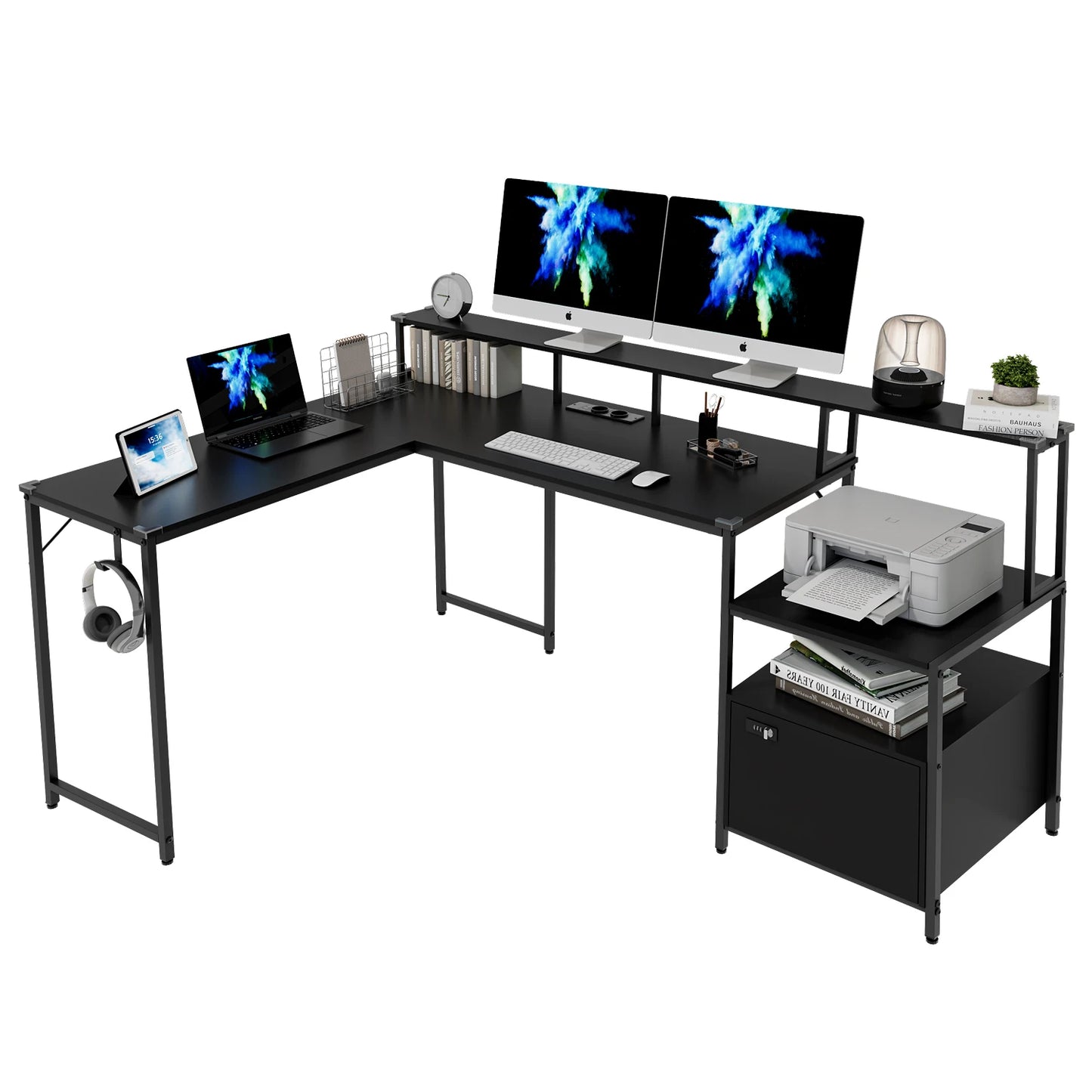 Devoko Eckschreibtisch 168×120cm, L-Schreibtisch mit Stauraum, Eckschreibtisch Schublade mit Steckdose und USB-Ladeport