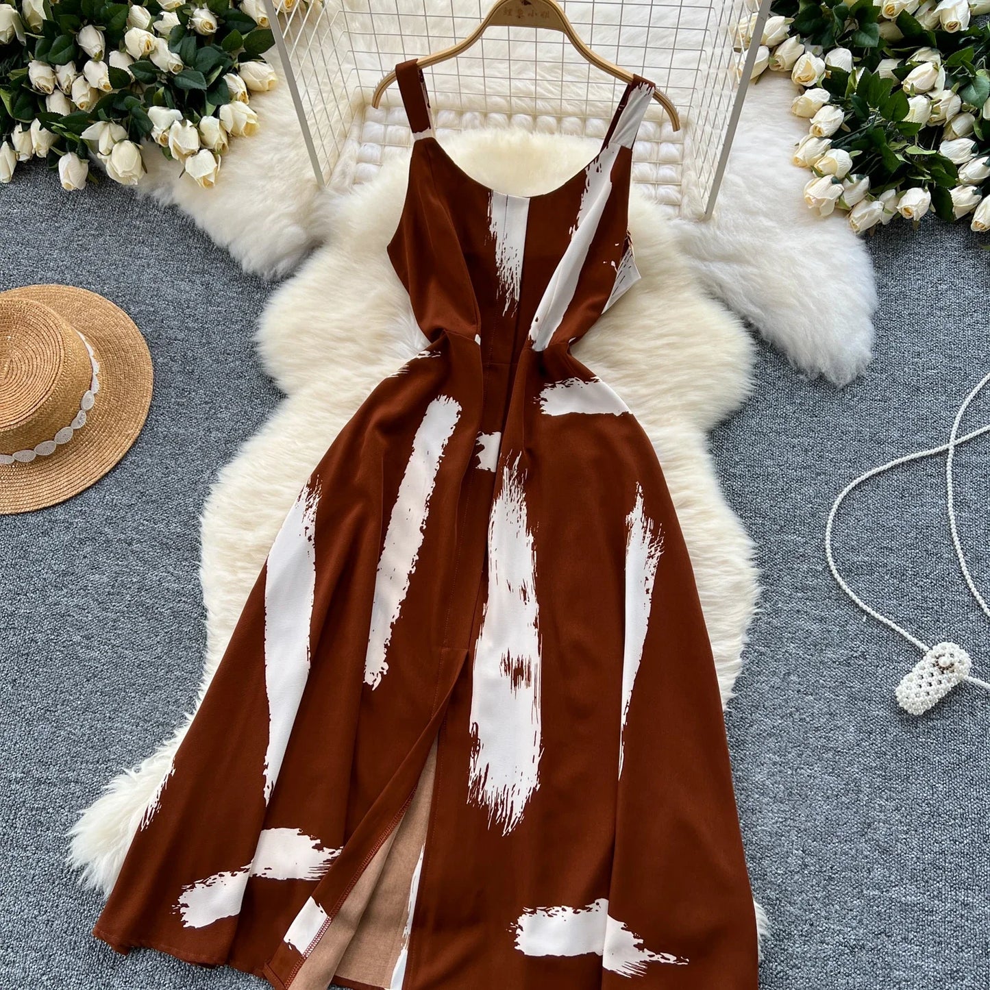 Neue Sommer Druck Süße Kleid Träger O Neck Backless Split Elegante Damen Urlaub Strand Party Midi Sommerkleid