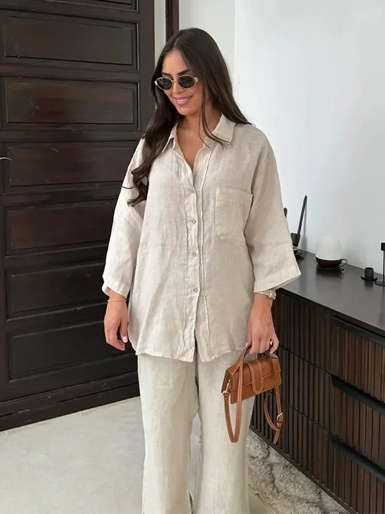 Women Vintage Solid Loose Pants Suit Lapel Single Breasted Long Sleeve Shirt Wide Leg Pants 2 Pcs Set 2025 New Ladies Streetwear