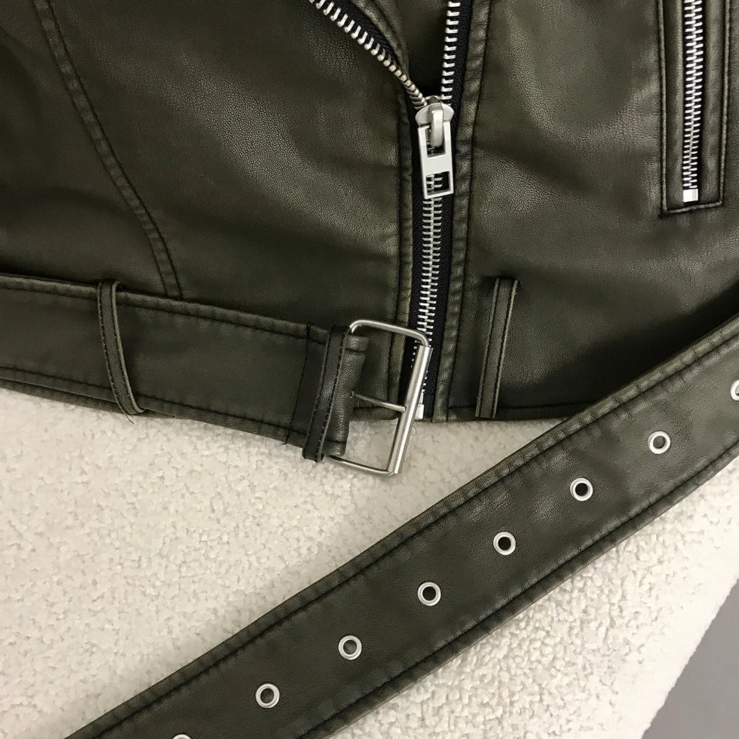 Neue Frühjahr Frau Faux Leder Jacke Chic Vintage Amerikanische straße tragen Kurze Revers Zipper Gürtel Biker Mäntel Mode Streetwear