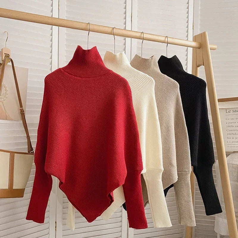 2025 Korea Herbst Winter Frauen Mode Unregelmäßigen Lose Stricken Pullover Vintage High Neck Langarm Weibliche Pullover Chic Tops