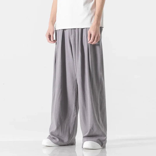 Hanfu Spirit Draped Linen Pants For Men Straight-leg Casual Trousers Chinese Style Loose-fit Ancient Wide-leg Song Trousers.