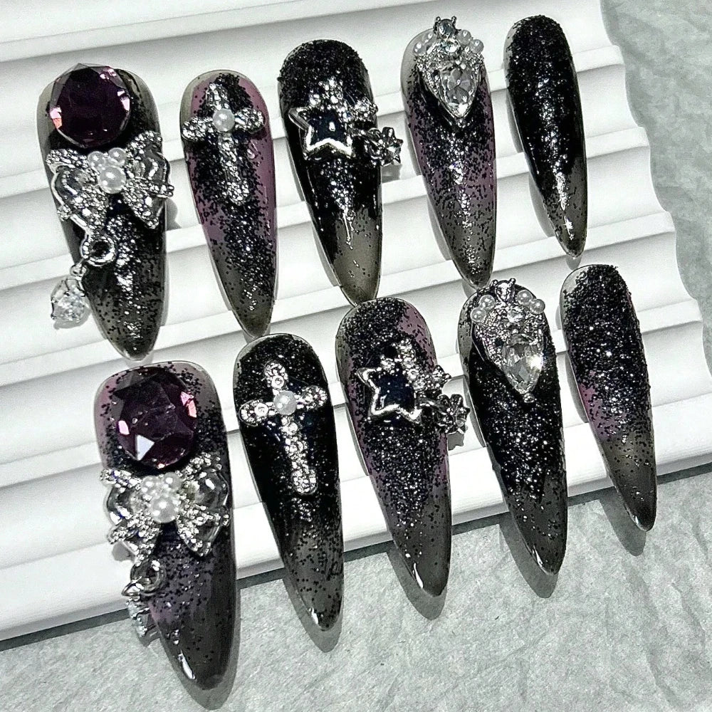 Jirai Japanese Spice Girls Handmade Press On Nails Y2K Black White Long Tip Nail Art 3D Butterfly Star Crown Cool Fake Nails.
