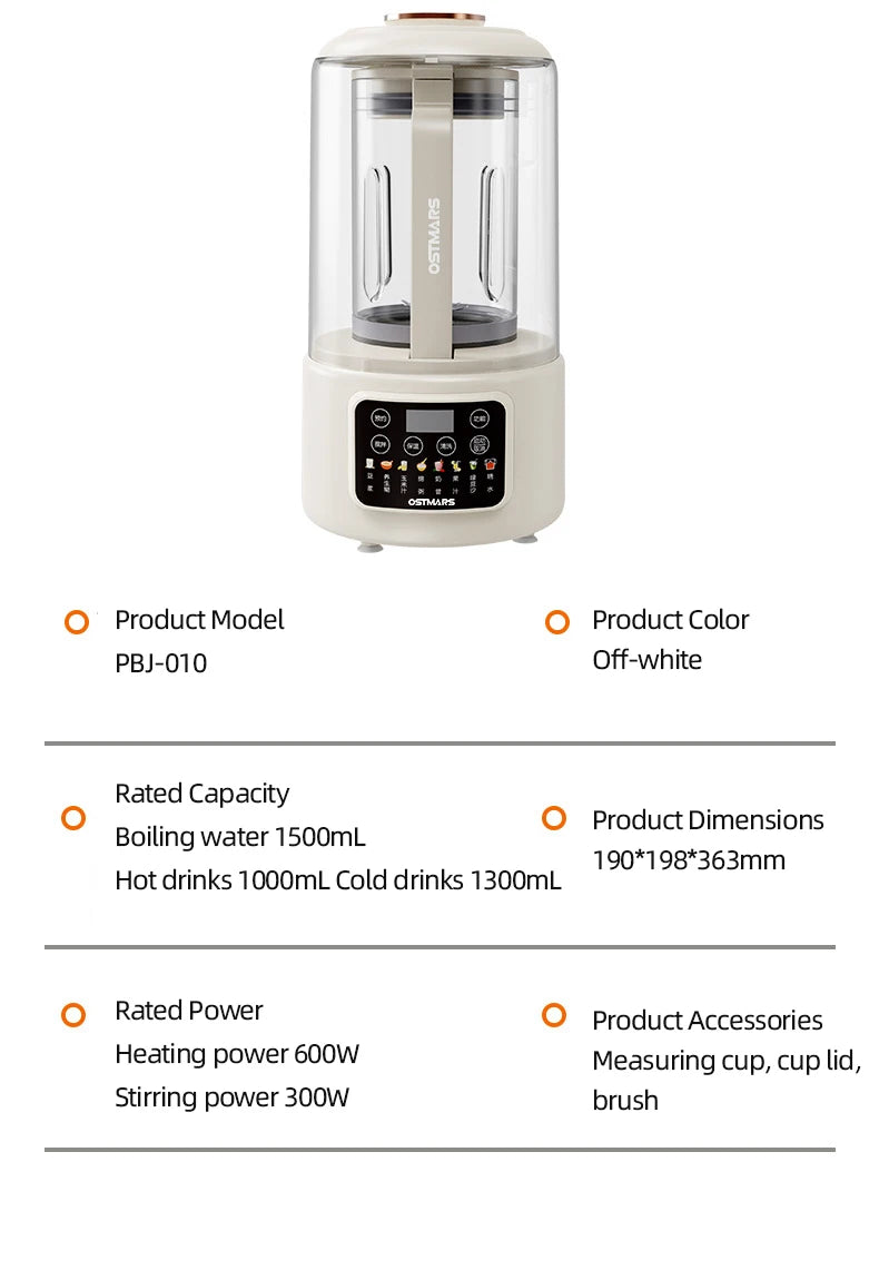 1.5L Soybean Milk Machine Wall Breaking Machine with Soundproof Cover Multifunctional Fruit Vegetable Juicer Automatic Blender