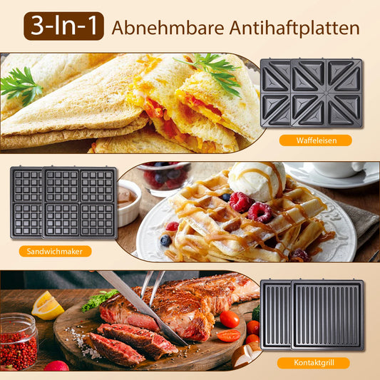 TAYLOR SWODEN 3-in-1 sandwich maker, waffle iron, baking tray, 1200 W, for 4 sandwiches, removable non-stick tray, 180° rotation.