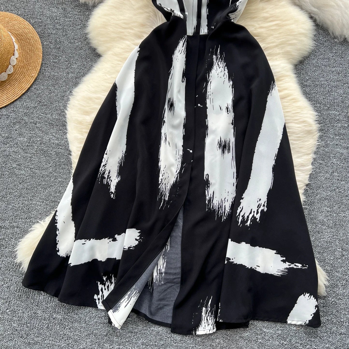 Neue Sommer Druck Süße Kleid Träger O Neck Backless Split Elegante Damen Urlaub Strand Party Midi Sommerkleid