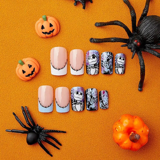 24pcs Fake Nails with Halloween Design Featuring Spider Webs and Ghosts To Create A Mysterious Holiday Atmosphere Press-on Nails.