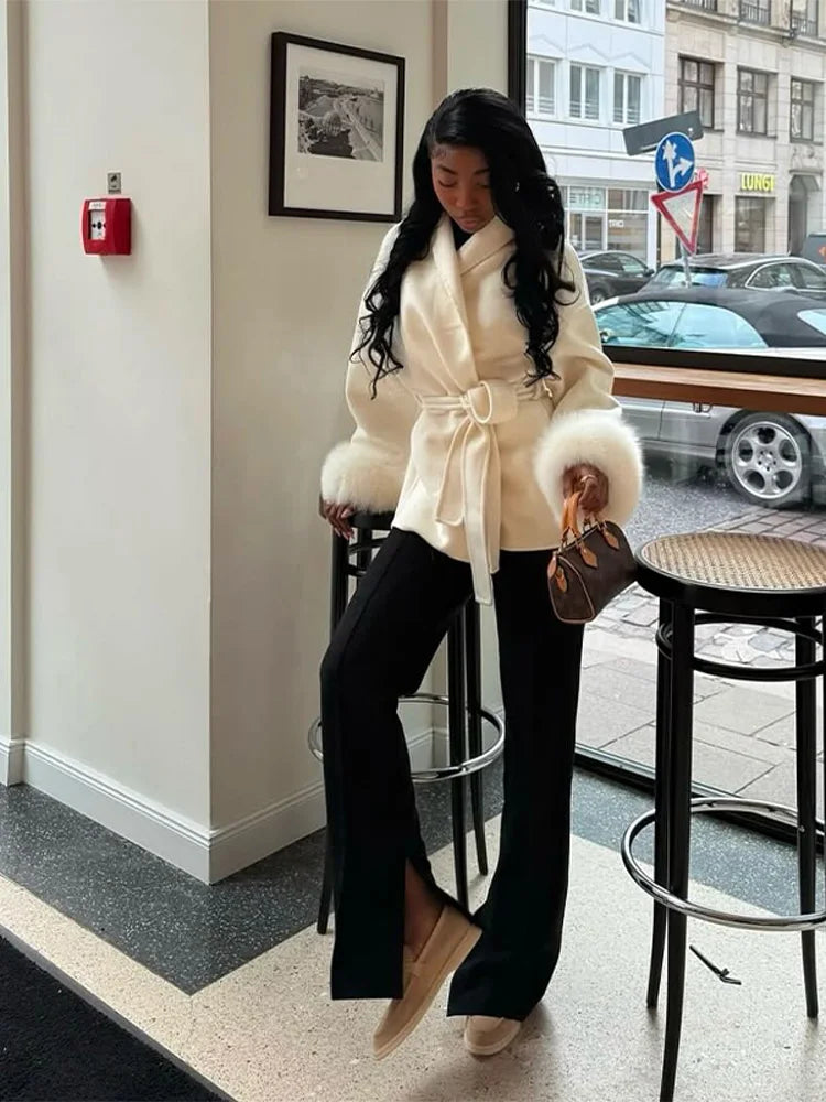 Frauen Mäntel Elegante Revers Plüsch Mit Gürtel Faux Pelz Hülse Tweed Offenen Mantel Weibliche 2025, Herbst Winter Mode Dame streetwear