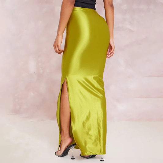 2025 Autumn Stain Long Solid Color Skirt Women Elegant High Waist Side Split Maxi Skirts Party Sexy Clothes for Female.