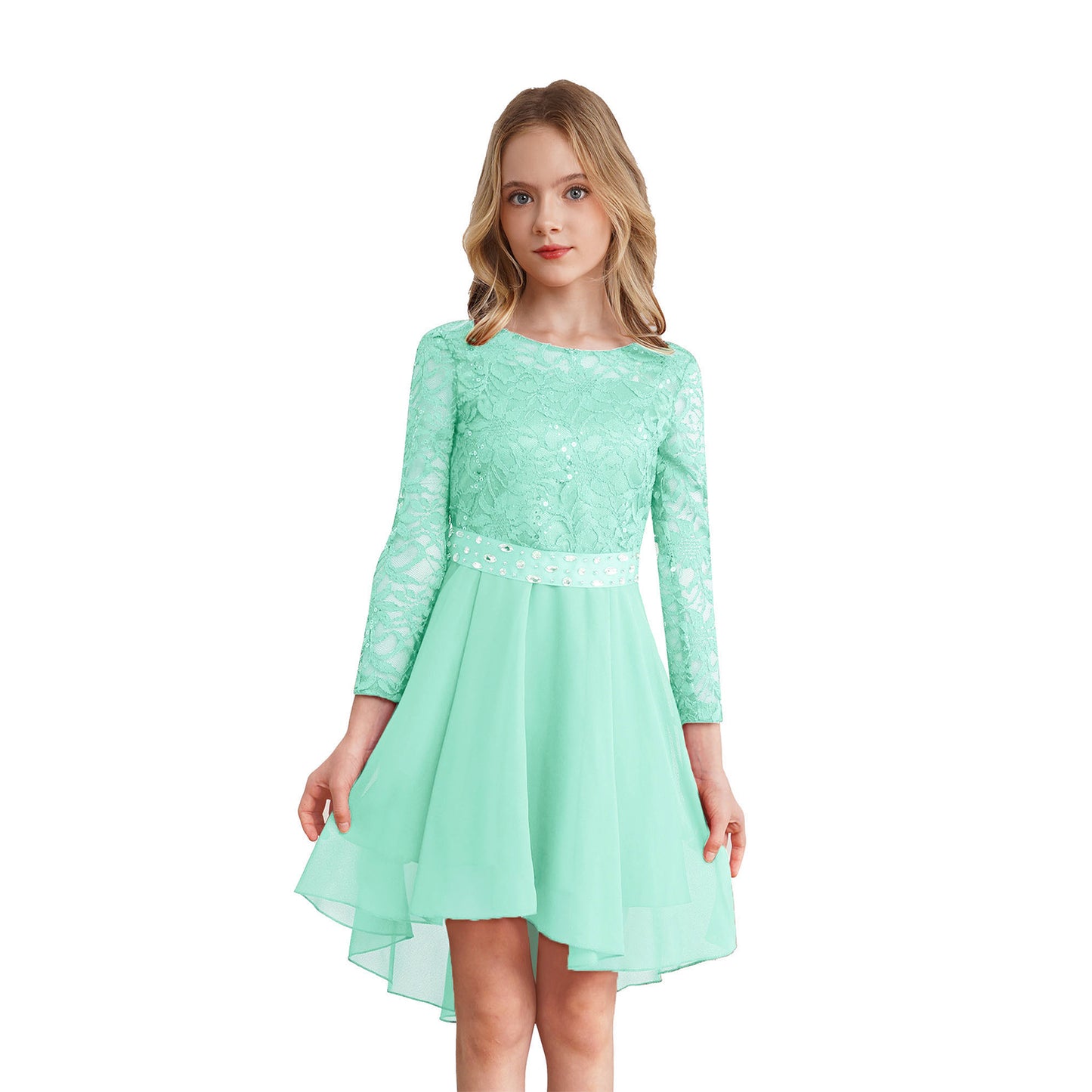 Elegantes Spitzen-Partykleid für Kinder, Mädchen, Chiffon, Spleißen, langärmelig, Kleid mit hohem und niedrigem Saum und Strass-Schärpe für Hochzeit, Geburtstag