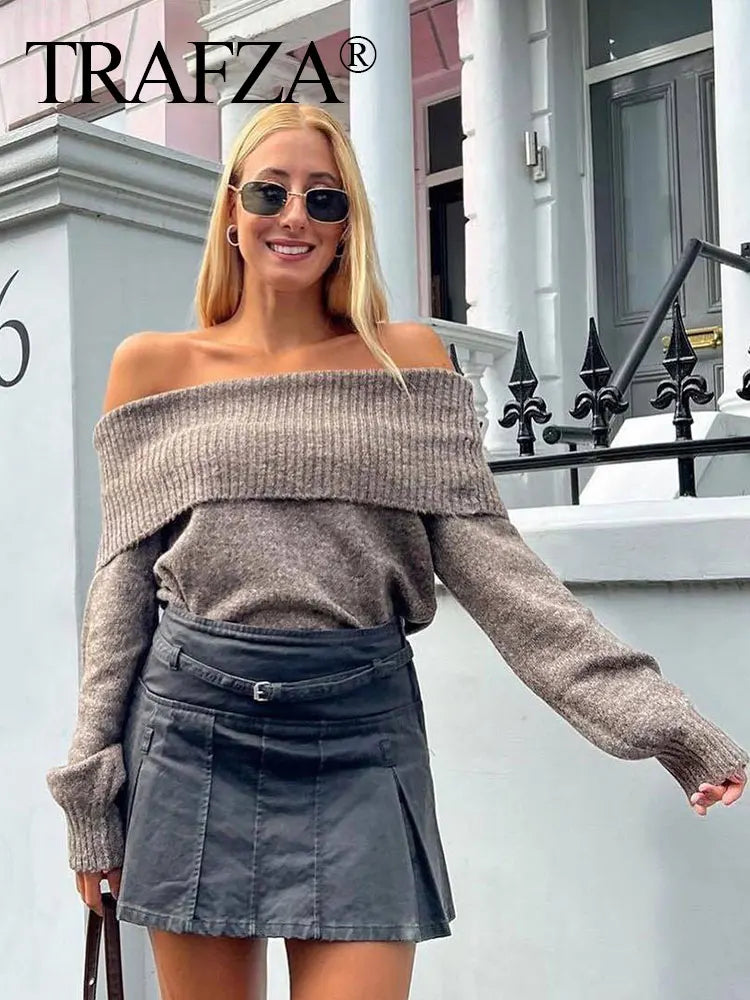 TRAFZA Frauen Fashion Solid Off Schulter Pullover Langarm Gestrickte Pullover Pullover Herbst Weibliche Casual Strickwaren Chic Top