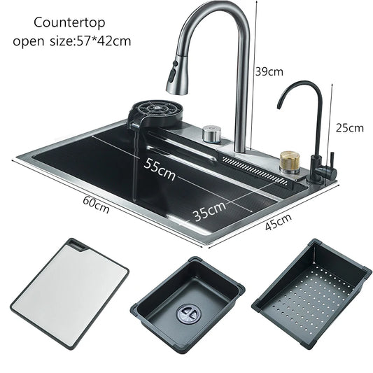 Wasserfall-Küchenspüle aus Edelstahl 304, groß, Einzelschlitz, integriert, 60 x 45 cm, Wasserhahn-Set, Tassenwascher, 3-Wege-ausziehbarer Sprühkopf