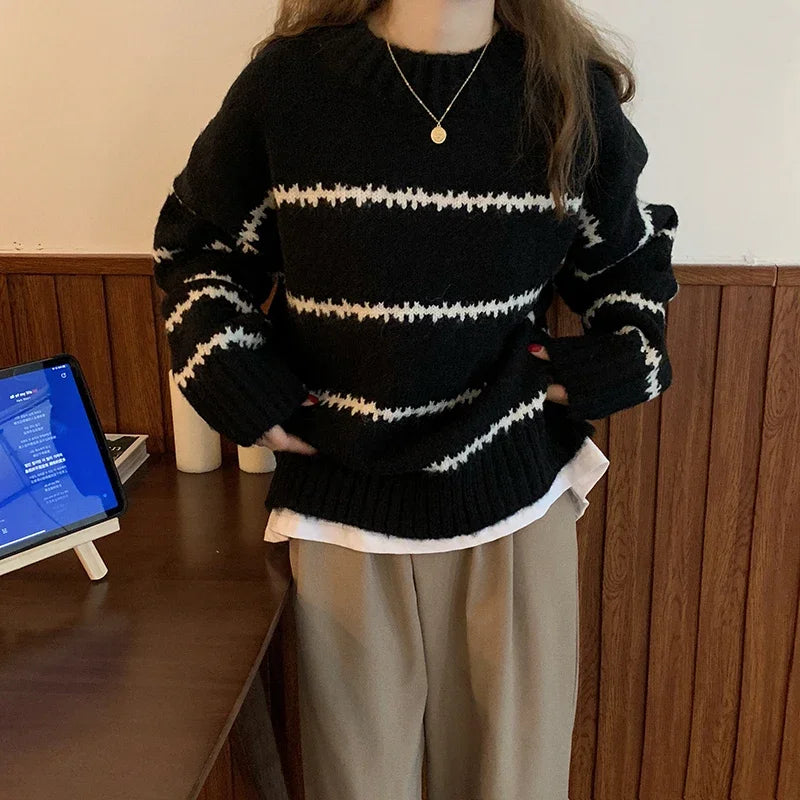 Herbst Winter Gestreiften Pullover Pullover Frauen Gestrickte Shirts Lange Hülse Lose Mock Neck Outwear Casual Pullover Tops Strickwaren