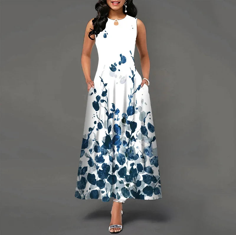 Blumendruck Neues lässiges ärmelloses langes Kleid Damen V-Ausschnitt bedrucktes Kleid Swing Bohemian Retro Kleider