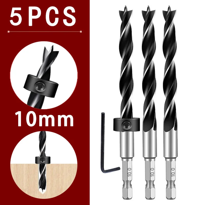 1/4 Sechskantgriff Dreizackiger Holzbearbeitungsbohrer und Tiefenanschlag-Positionierer Ring-Set Holzbearbeitungsloch Reiben Elektrowerkzeug