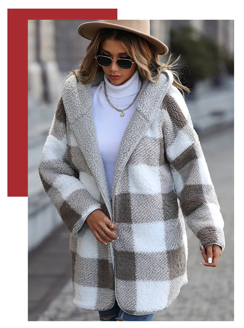 2025 herbst Winter Frauen Plüsch Mit Kapuze Jacke Weibliche Elegante Dicke Lose Plaid Print Mantel Damen Casual Zwei-seitige warme Lange Mantel