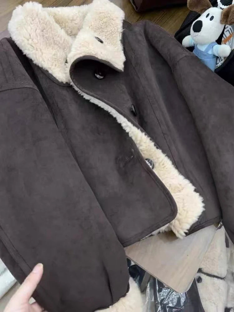 Dicke Lamm Warme Jacke für Frauen Winter Mode Doppelseitige Tragen Warme Pelz Mäntel Bf Koreanische Lose Einreiher Revers outwear