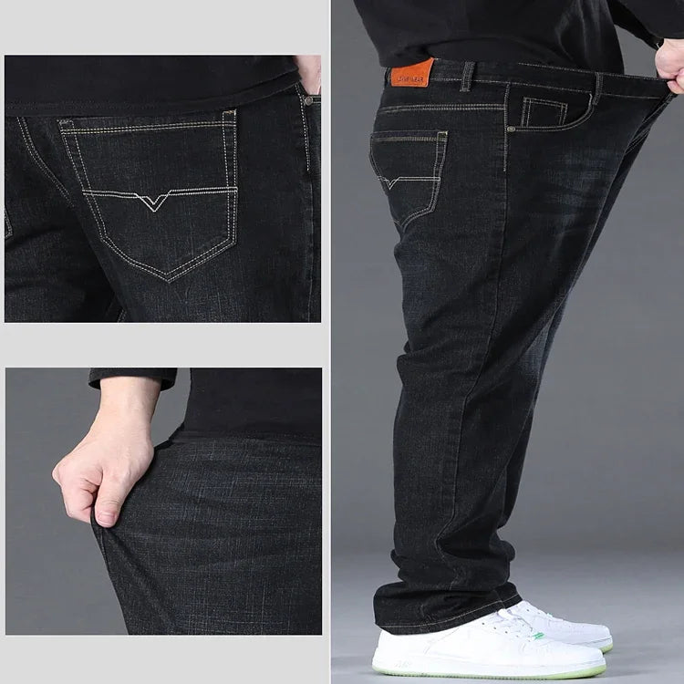 Große Größe Herren Jeans High Stretch Denim Stoff Große Größe Hosen für 45-150 kg Jeans Hombre Jeans mit weitem Bein Pantalon Homme