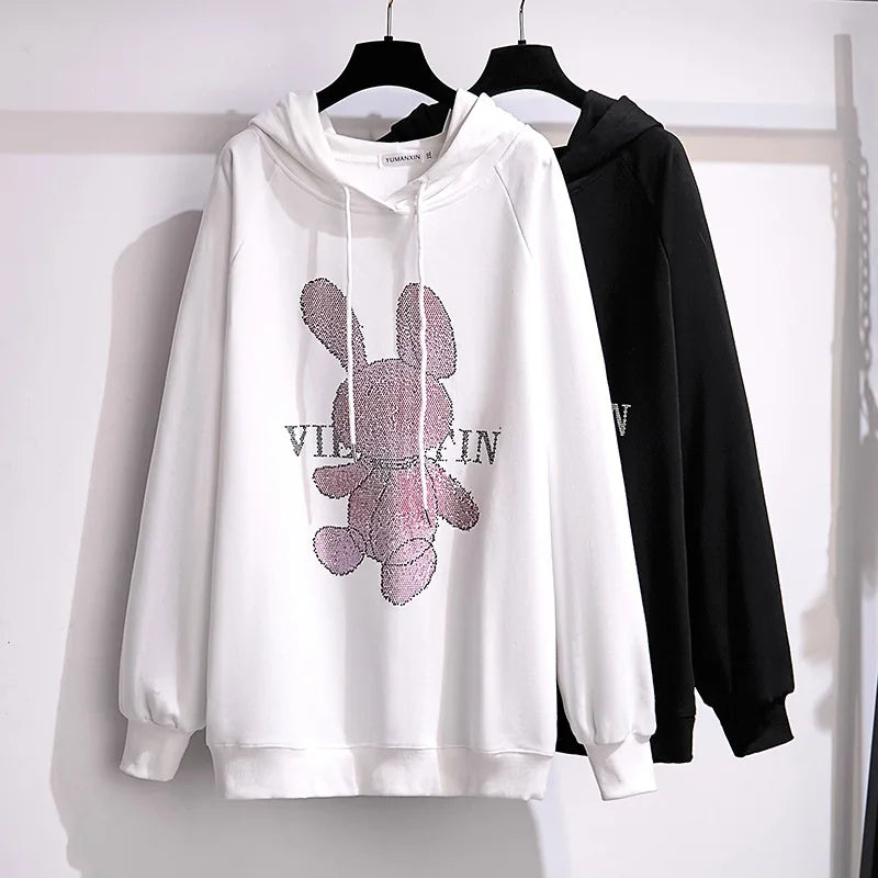 175Kg Plus Größe frauen Fehlschlag 170 Herbst Winter Neue Lose Fleece Cartoon Mit Kapuze Sweatshirt Schwarz Weiß 6XL 7XL 8XL 9XL 10XL 11XL