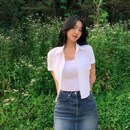 1 stücke Frau Sommer Slim Fit Blusen Shirts Dame Dünne Sexy Kurze Hemd Weibliche Casual Kurzarm Drehen-unten Kragen taille up Tops