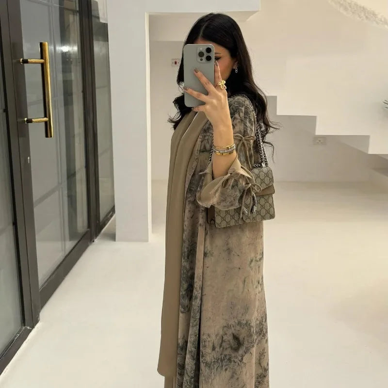 2025 sommer Arabisch Frauen Muslimische Kleidung Ramadan Dubai Offene Abaya Kleid mit Hijab Islam Gedruckt Chiffon 2 Stück Outfit