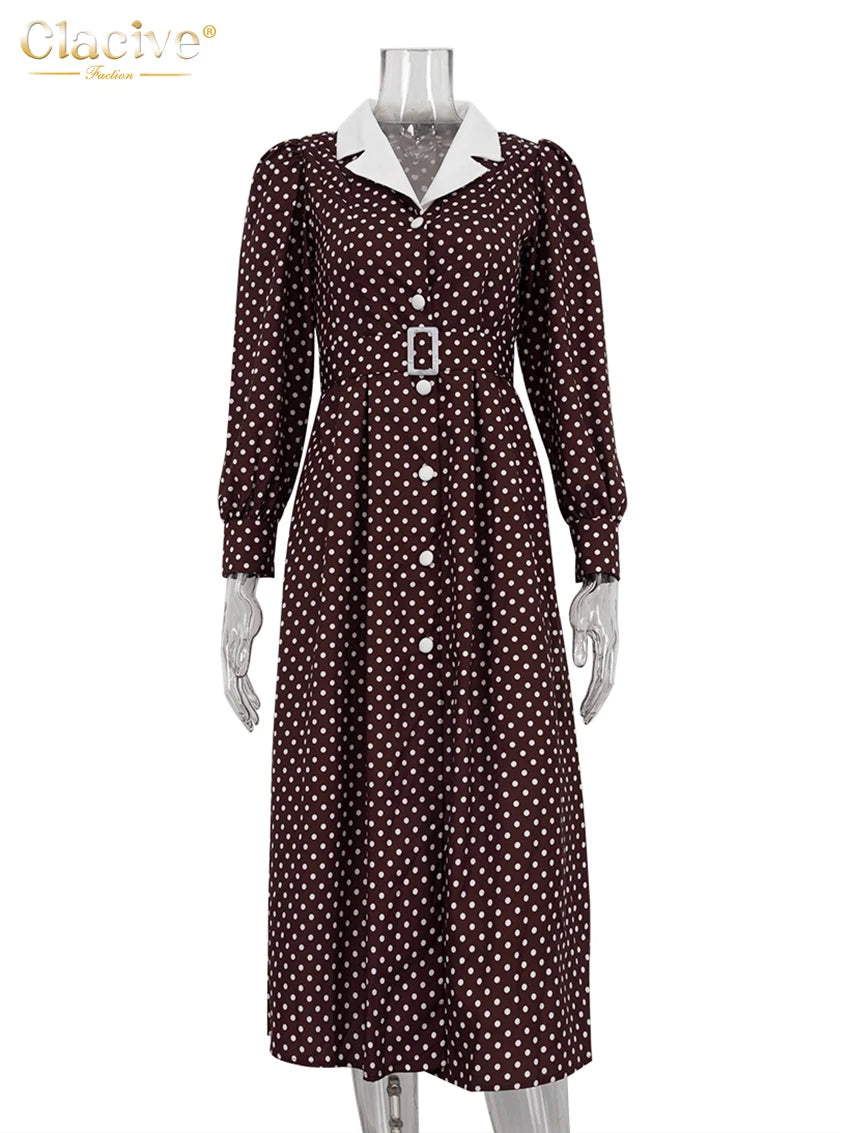 Clacive Mode Lose Druck Frauen Kleid 2025, Casual Revers Langarm Büro Dame Midi Kleider Elegante Klassische Gürtel Weibliche Kleid