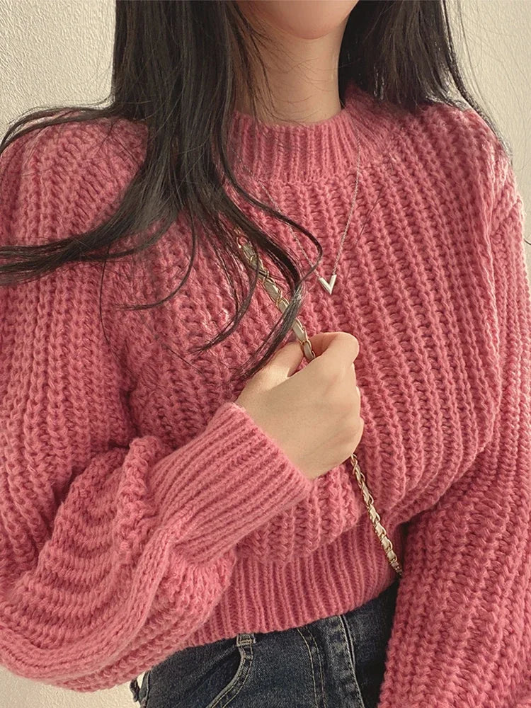 Lose Vintage Harajuku Laterne Langarm Frauen Pullover Koreanische Herbst Winter Strickwaren Weiche Warme Tops Chic Solide Femme Pullover