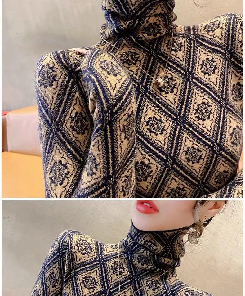 Frauen Kleidung Mode Rollkragen Argyle Stricken Pullover Herbst Winter Elegante Chic Schlanke Langarm Pullover Büro Dame Y2K Top
