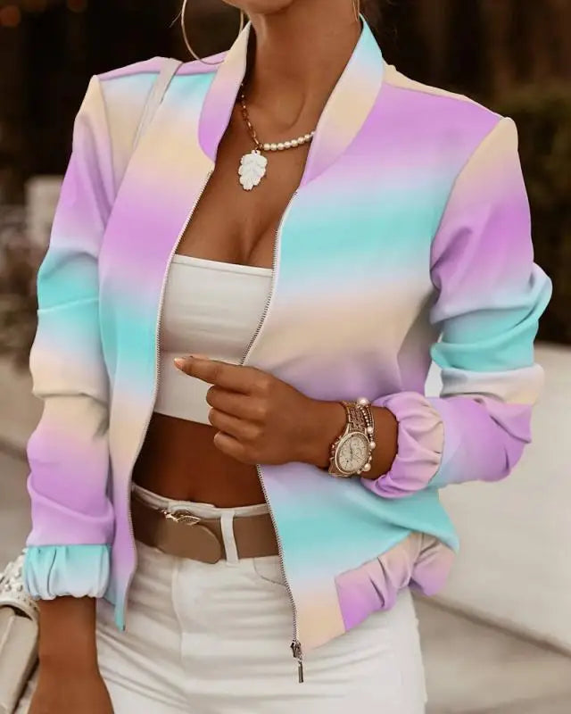 Mode Frauen Jacken Dünne Kurze Mäntel Herbst Vintage Print Lange Sleeve Zipper Dünne Jacke 2024 Casual Oberbekleidung Weibliche Jacke