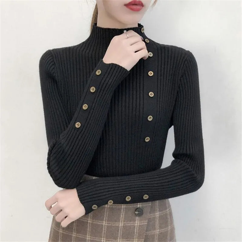 2023 frauen Herbst Gestrickte Dünne Pullover Solide Strickte Weibliche Baumwolle Weiche Elastische Farbe Pullover Taste Volle Hülse Rollkragen