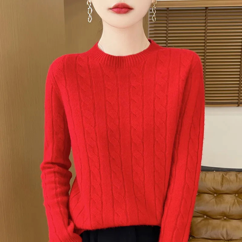 Frauen 100% Merino Wolle Verdickung Pullover Oansatz Gestrickte Twisted Pullover Herbst Winter Kaschmir Langarm Kleidung Basis Tops