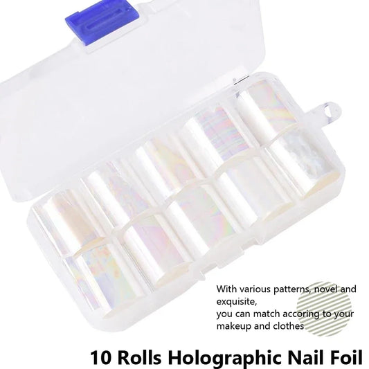 10pcs Holographic Nail Foil Set 2.5x100cm Gradient Transparent AB Color Transfer Stickers for Manicure Nail Art Decals.