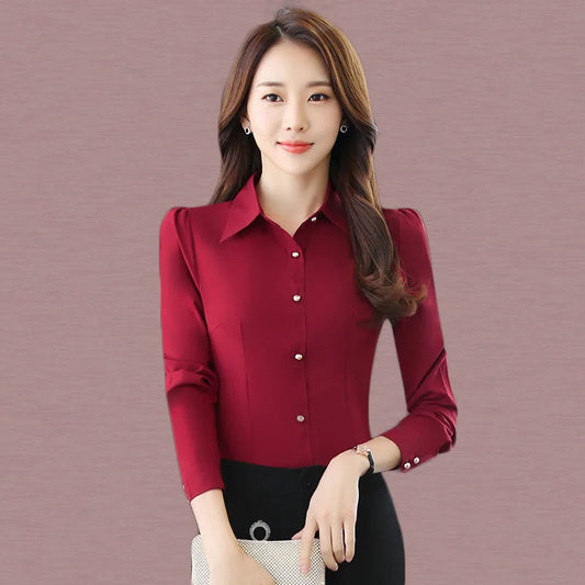 Red Women's Shirt Long Sleeve Blouse Autumn Women Shirts and Blouses Korean Fashion Slim Business Dress Shirt Women's Work Shirt.
