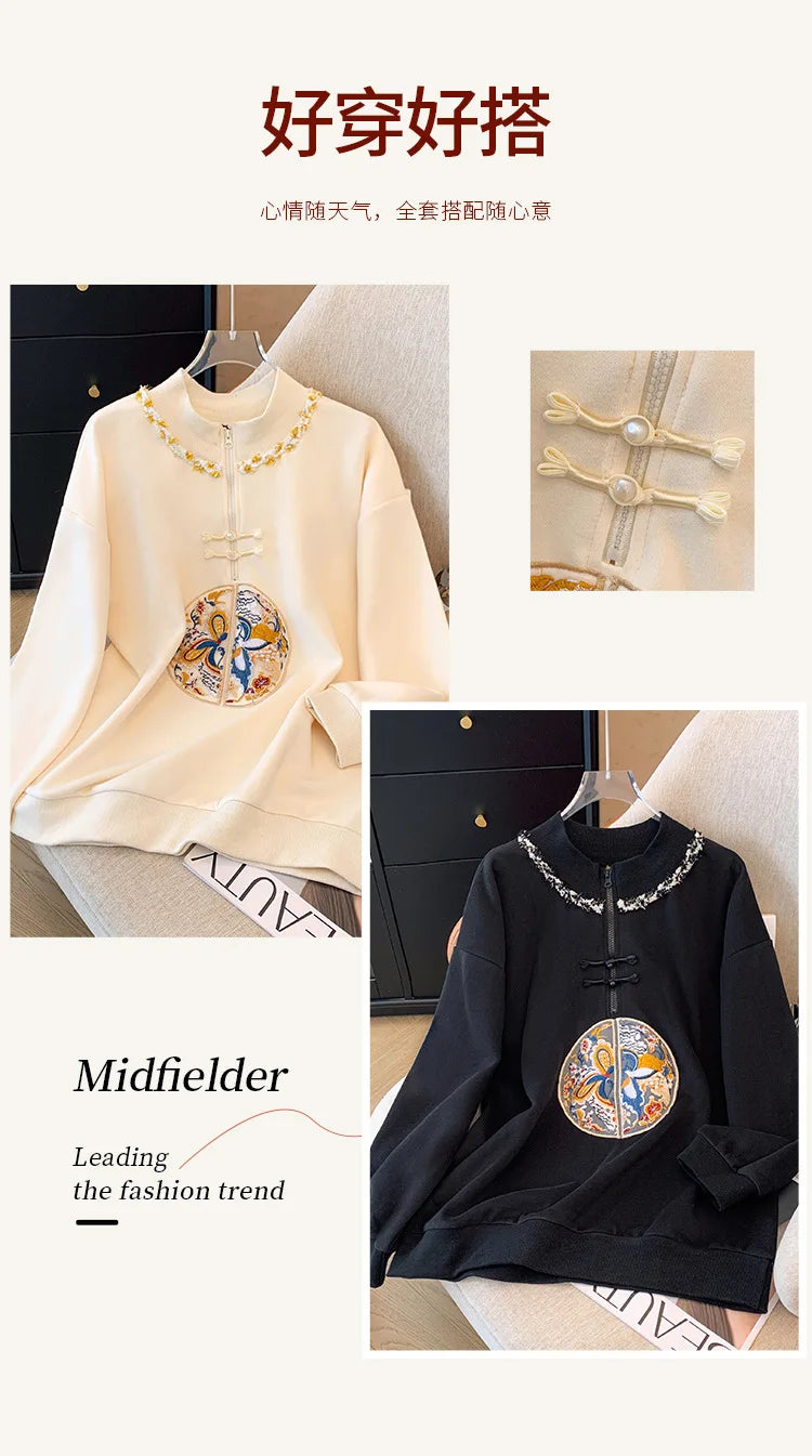 150kg Plus Size Damen büste Frühling Herbst lose neue chinesische Stil Sweatshirt lang ärmel ige geknöpfte Top 5xl 6xl 7xl 8xl 9xl