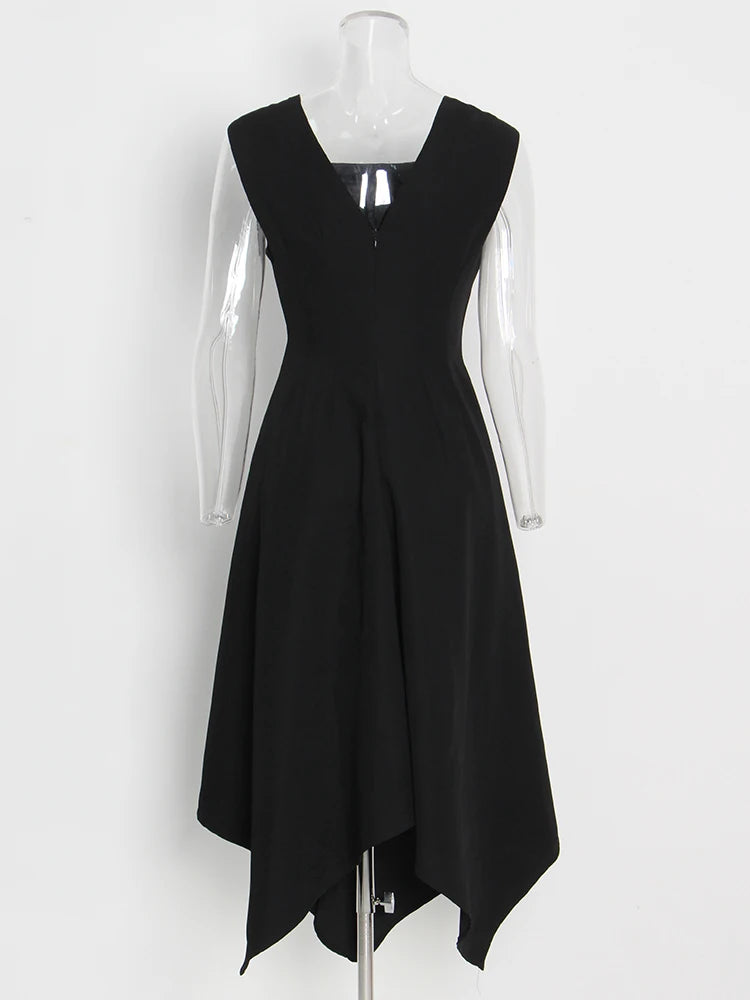 TWOTWINSTYLE Elegante Schwarz Kleid Für Frauen Quadrat Kragen Ärmellose Hohe Taille Solide Patchwork Bowknot Midi Kleider Weiblichen Stil
