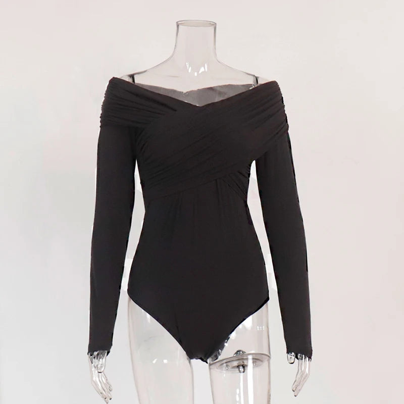 Chic Sexy Criss-cross Pleated Slash Neck Slim Fit Solid Color Basic 2024 Sexy Hot Female Long-sleeves High Waisted Bodysuit Tops