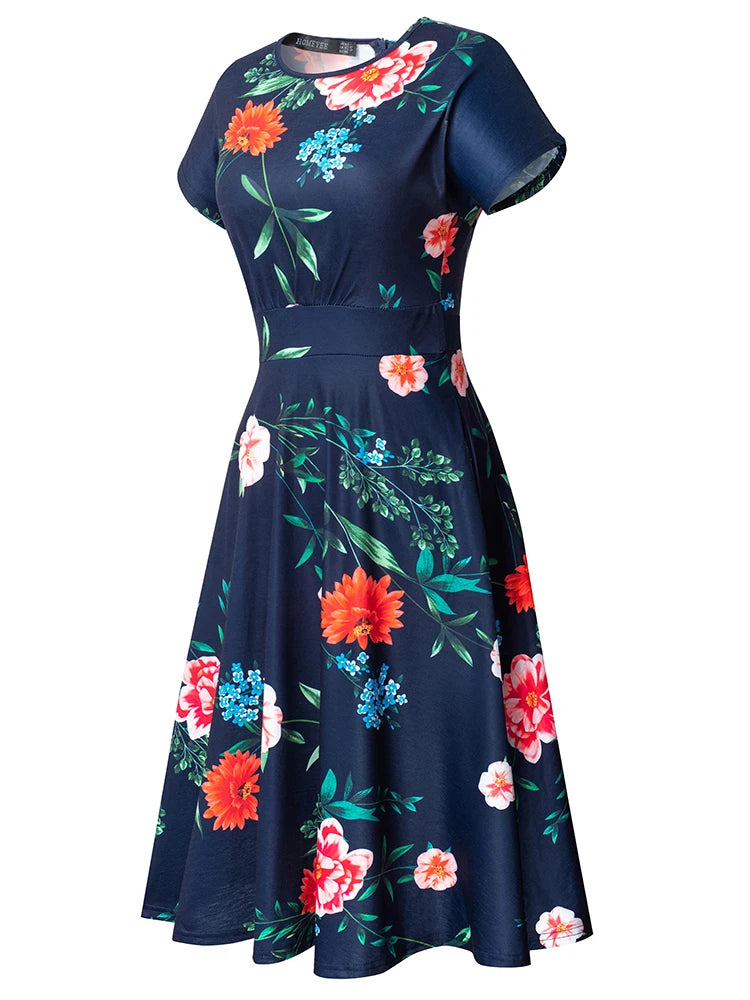 Nice-forever Vintage Elegante Blumen Druck Plissee Rundhals vestidos A-Line Pinup Business Party Frauen Flare Swing Kleid A102