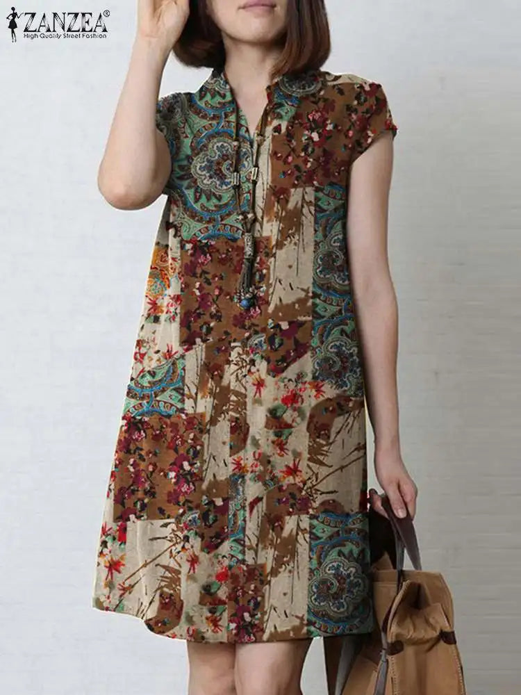 Zanzea Vintage Sommerkleid Sommer knielanges Kleid Frauen Kurzarm lässig Urlaub Kleider Bohemian Blumen gedruckt Vestidos Robe